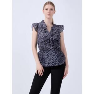 Miley Cyrus Max Azria Womens Blouse Purple Charcoal Leopard Ruffled Top XS